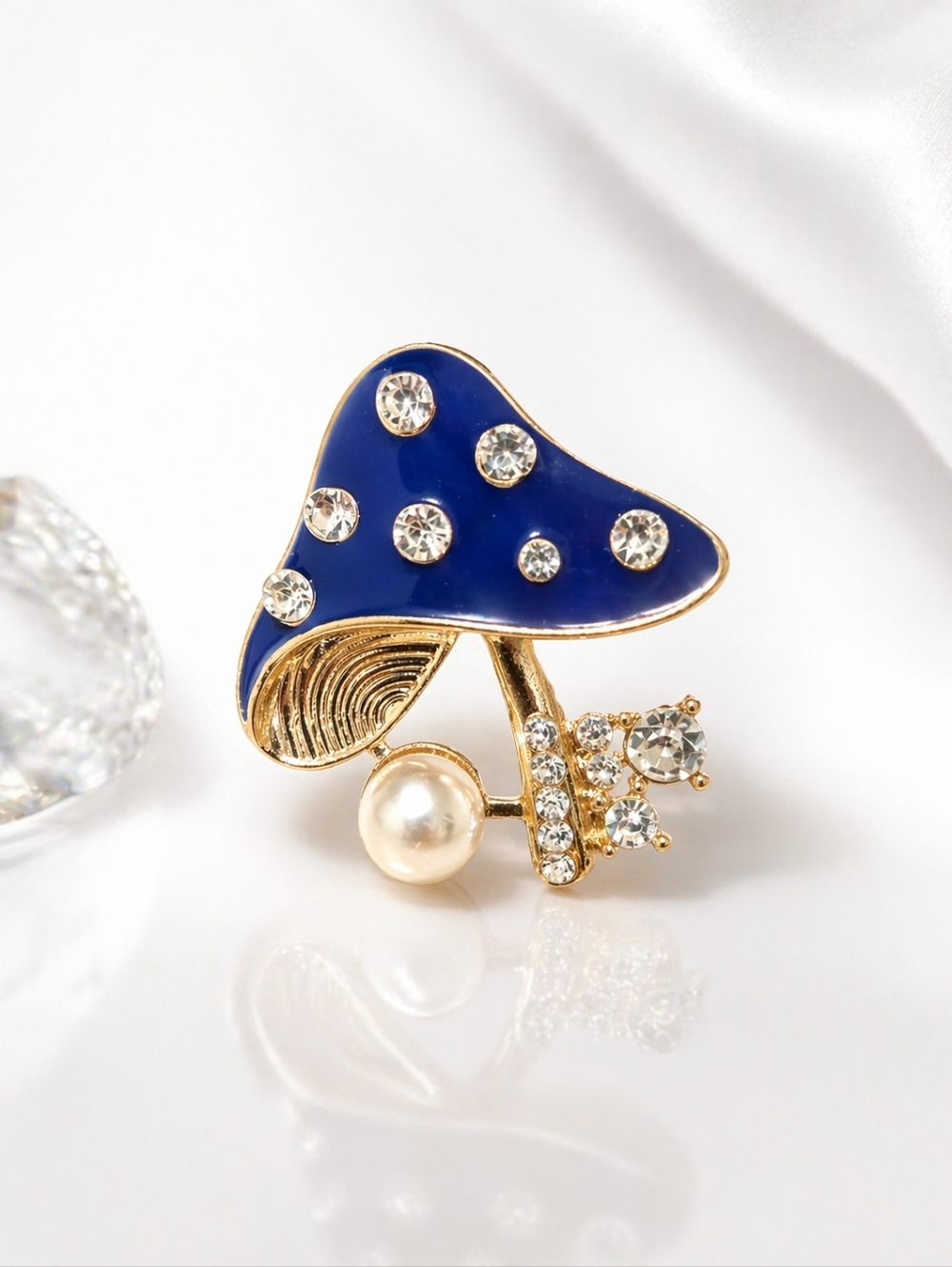 Blue Enamel Mushroom Brooch Gold Tone Rhinestone Pearl Pin Whimsical